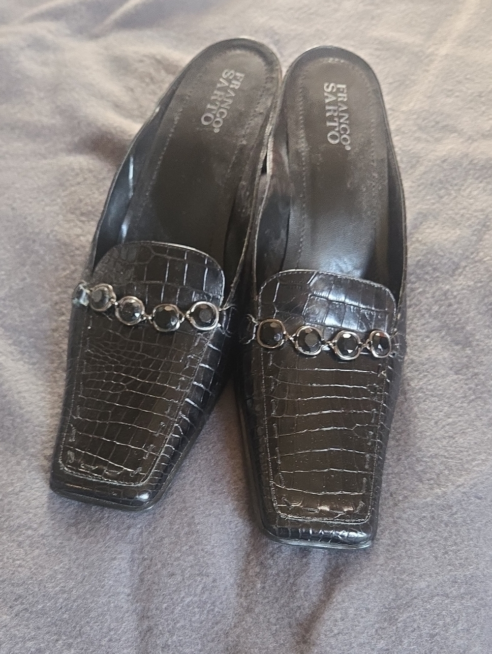 Franco Sarto Black Croc-Embossed Slip-On Mules